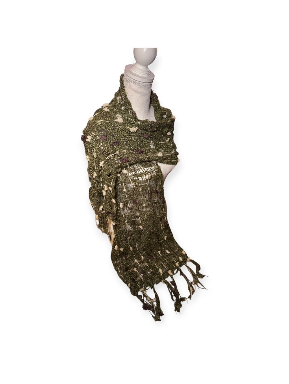 Crochet Green Scarf with Purple Flowers Floral Fall Knit Fairy Cottage Core GC